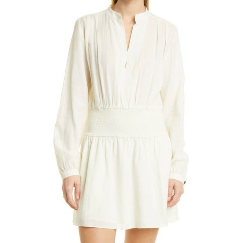 RAG & BONE Calista Long Sleeve Split Neck Smocked Swingy Mini Dress, Dove, Small